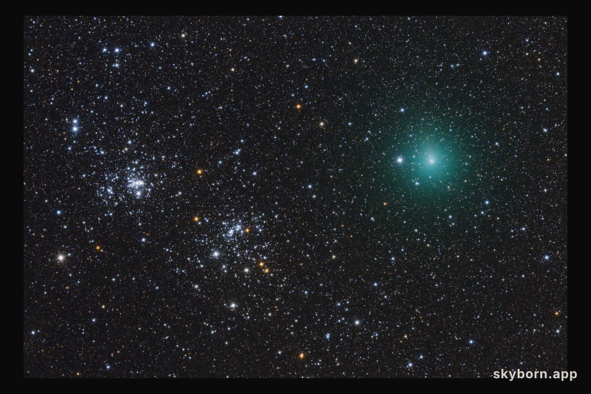 Comet Hartley Passes a Double Star Cluster